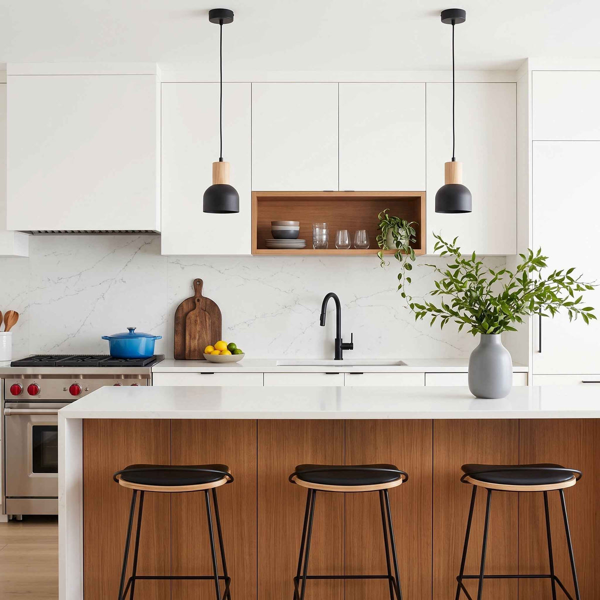 CAIRO Black & Wood Mini Dome Pendant Light for Kitchen Island & Counter