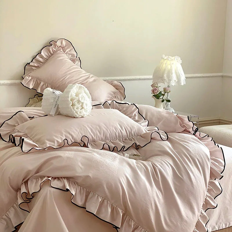 Château Ruffle Elegant 1000 TC Egyptian Cotton Duvet Set - Ivory/Blush