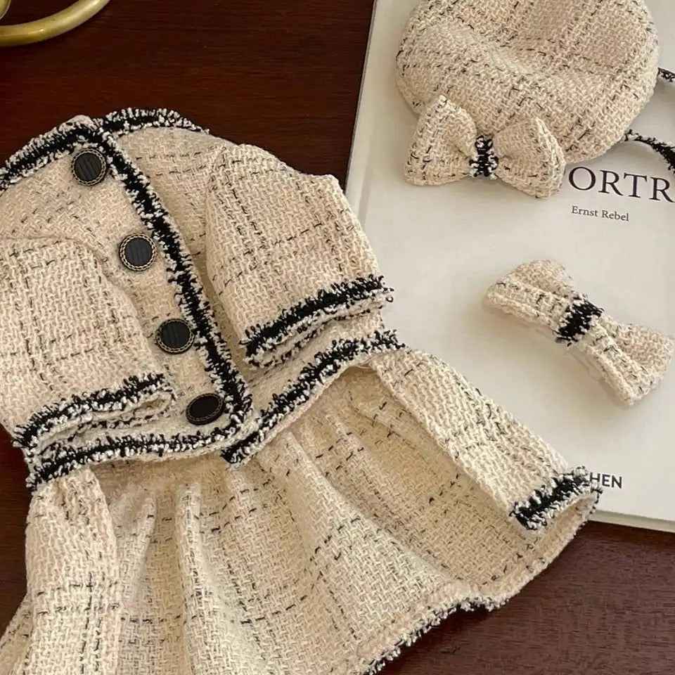 French Vanilla Soft Dog Skirt Set | Outfit with Hat and Bow
