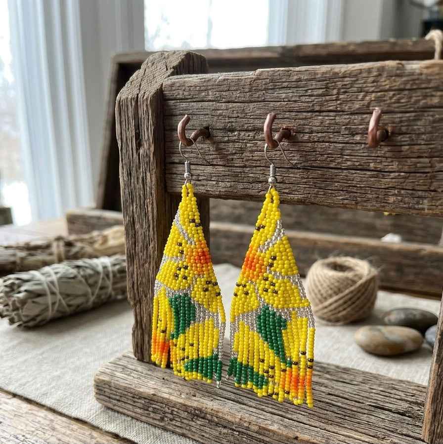 Flower Fringe Beaded Earrings (Yellow)