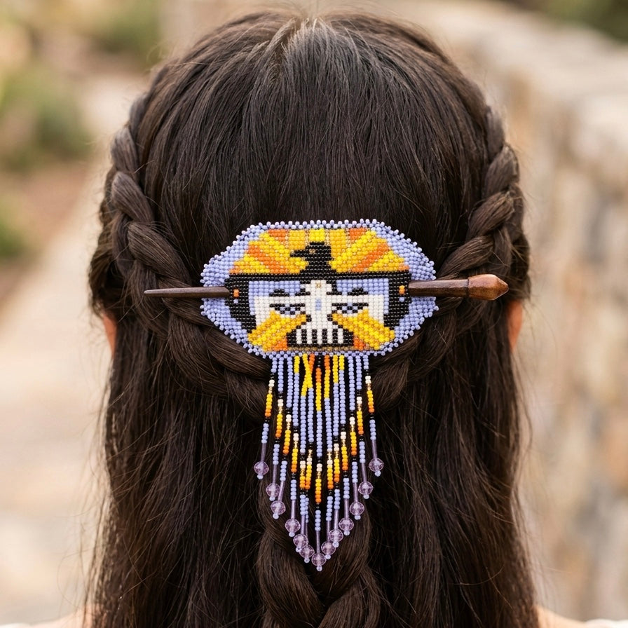 Eagle Fringed Beaded Barrette & Wooden Stick