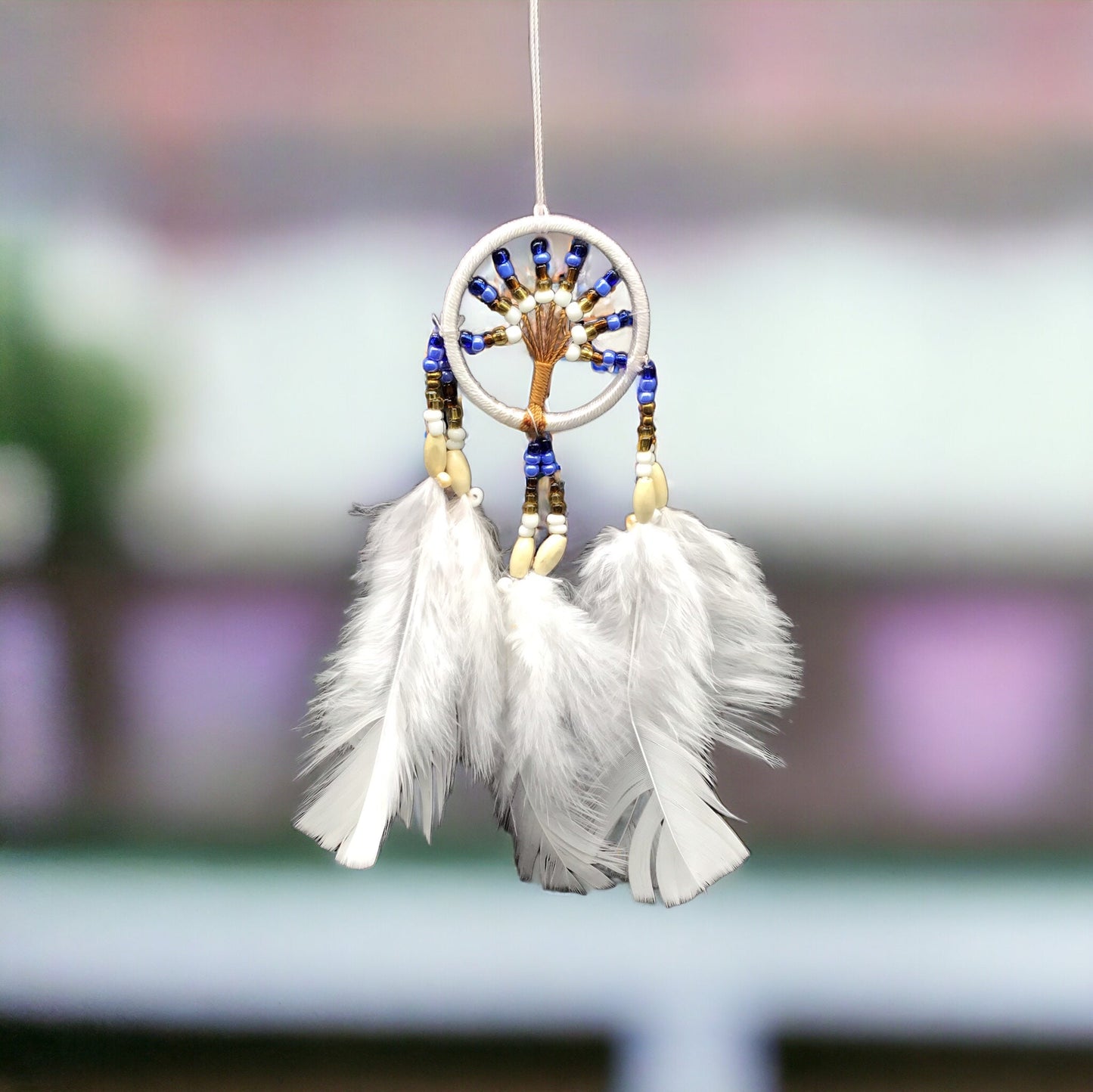Small Handmade White Dreamcatcher with White Feathers