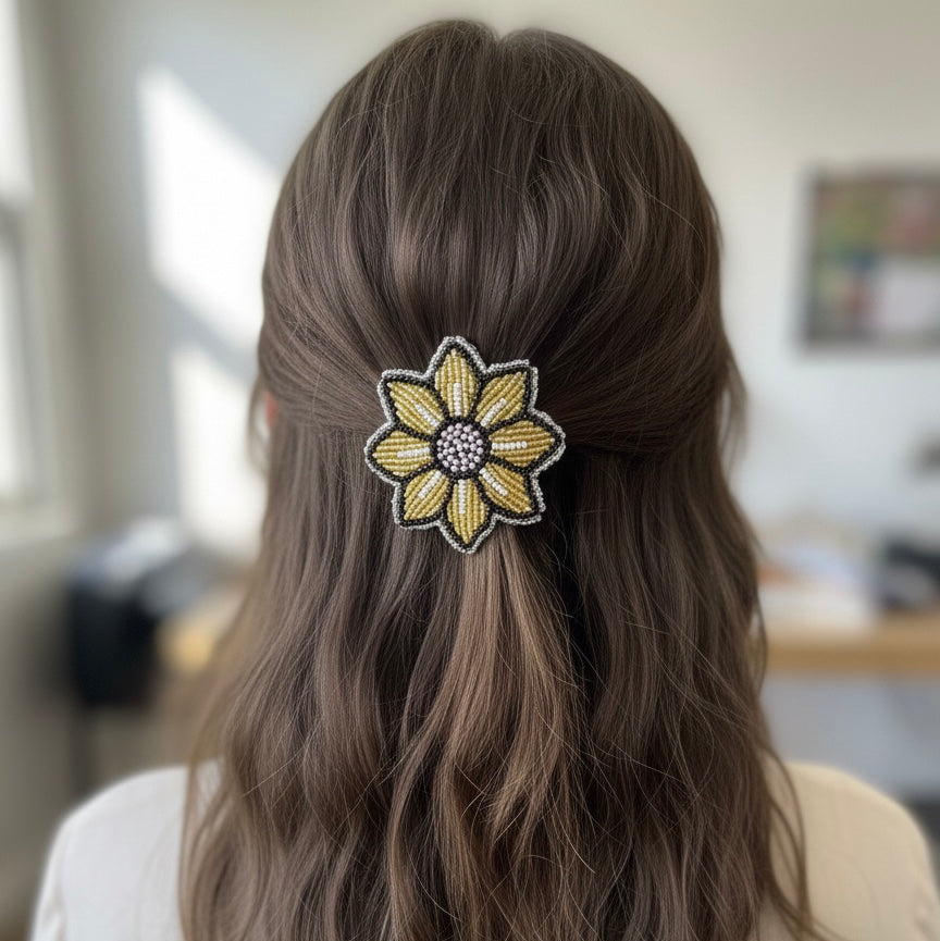 Golden Beaded Flower Barrette