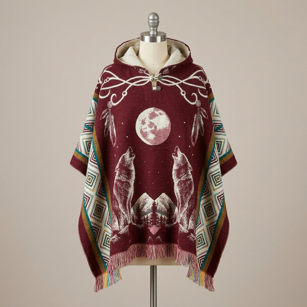 Howling wolf HandMade Wool Poncho