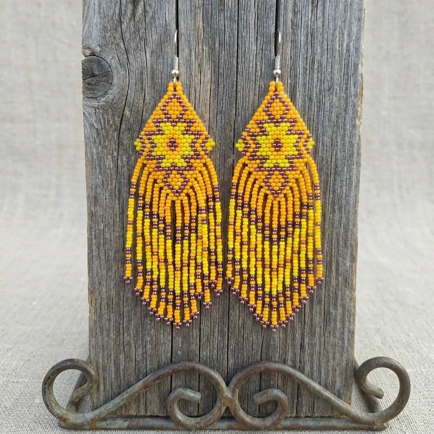 Fringe Bead Drop Earrings (Yellow)