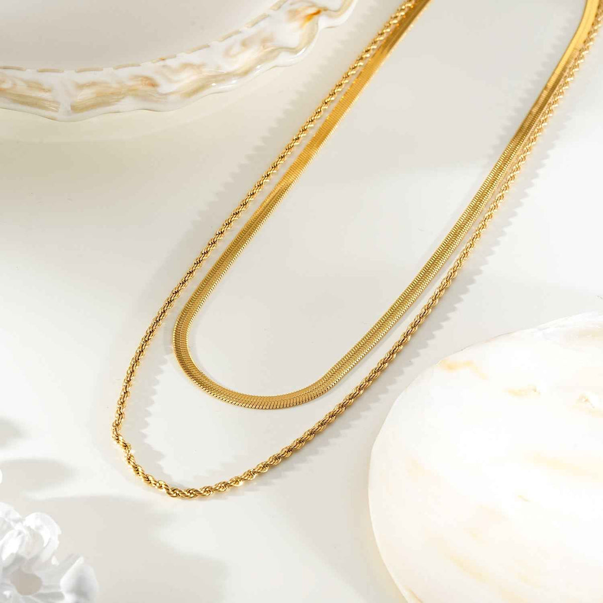 FAWZIA Gold: 2-Layered Flat Snake Chain & Rope Chain Necklace