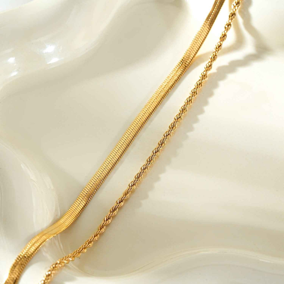 FAWZIA Gold: 2-Layered Flat Snake Chain & Rope Chain Necklace