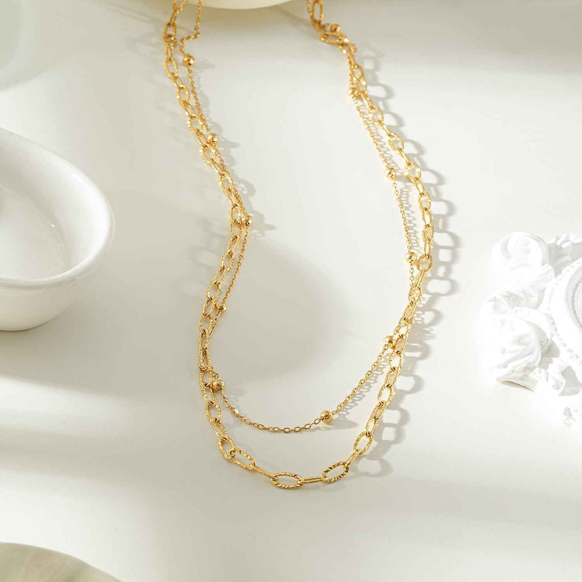 CASTILIA Gold Necklace:  Double Stacked Paper Clip Chain &  Beaded Chain - Dazzle in Duality.