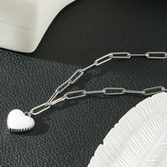 HEART WHITE Silver (White Gold): Paper Clip Chain Anchoring an Enameled White Heart Charm