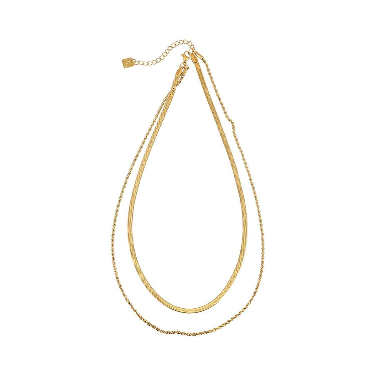 FAWZIA Gold: 2-Layered Flat Snake Chain & Rope Chain Necklace