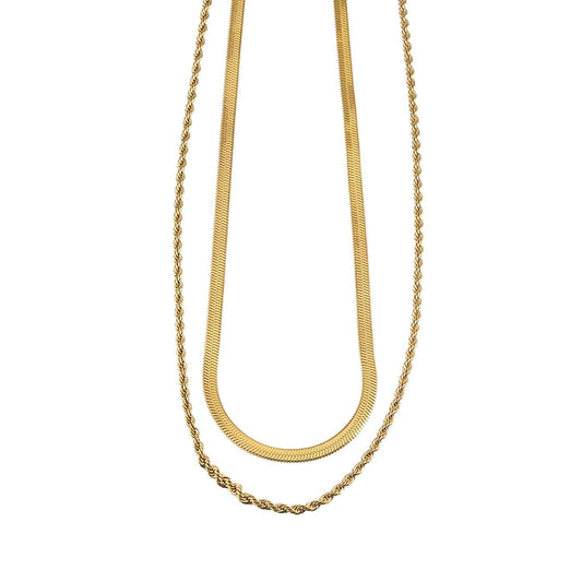 FAWZIA Gold: 2-Layered Flat Snake Chain & Rope Chain Necklace