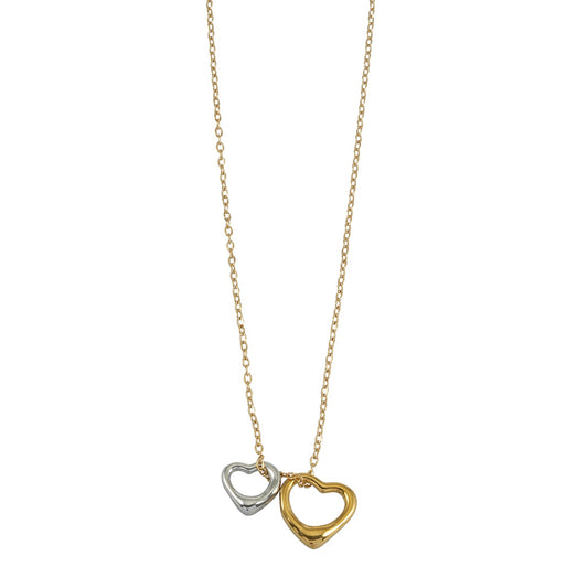 LOLANDA Gold+Silver: Dainty Gold Chain Necklace with Two Abstract Heart Charms in Gold & Silver