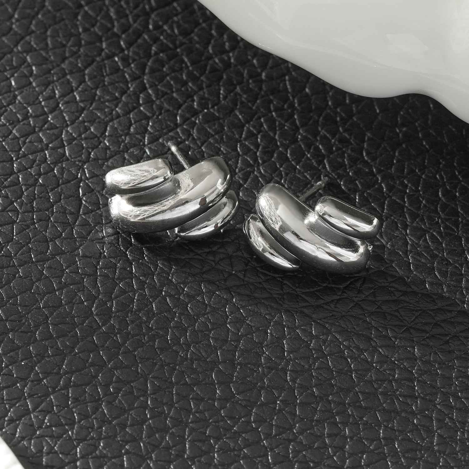BRIGITTA Silver (White Gold): Contemporary Abstract Shaped Stud Earrings