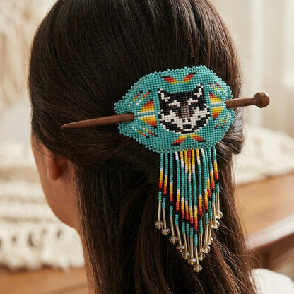 Wolf Fringed Beaded Barrette & Wooden Stick