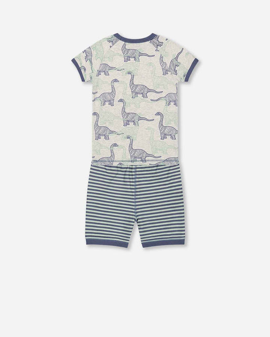 Organic Cotton Two Piece Short Pajama Set Heather Beige Printed Dinosaurs