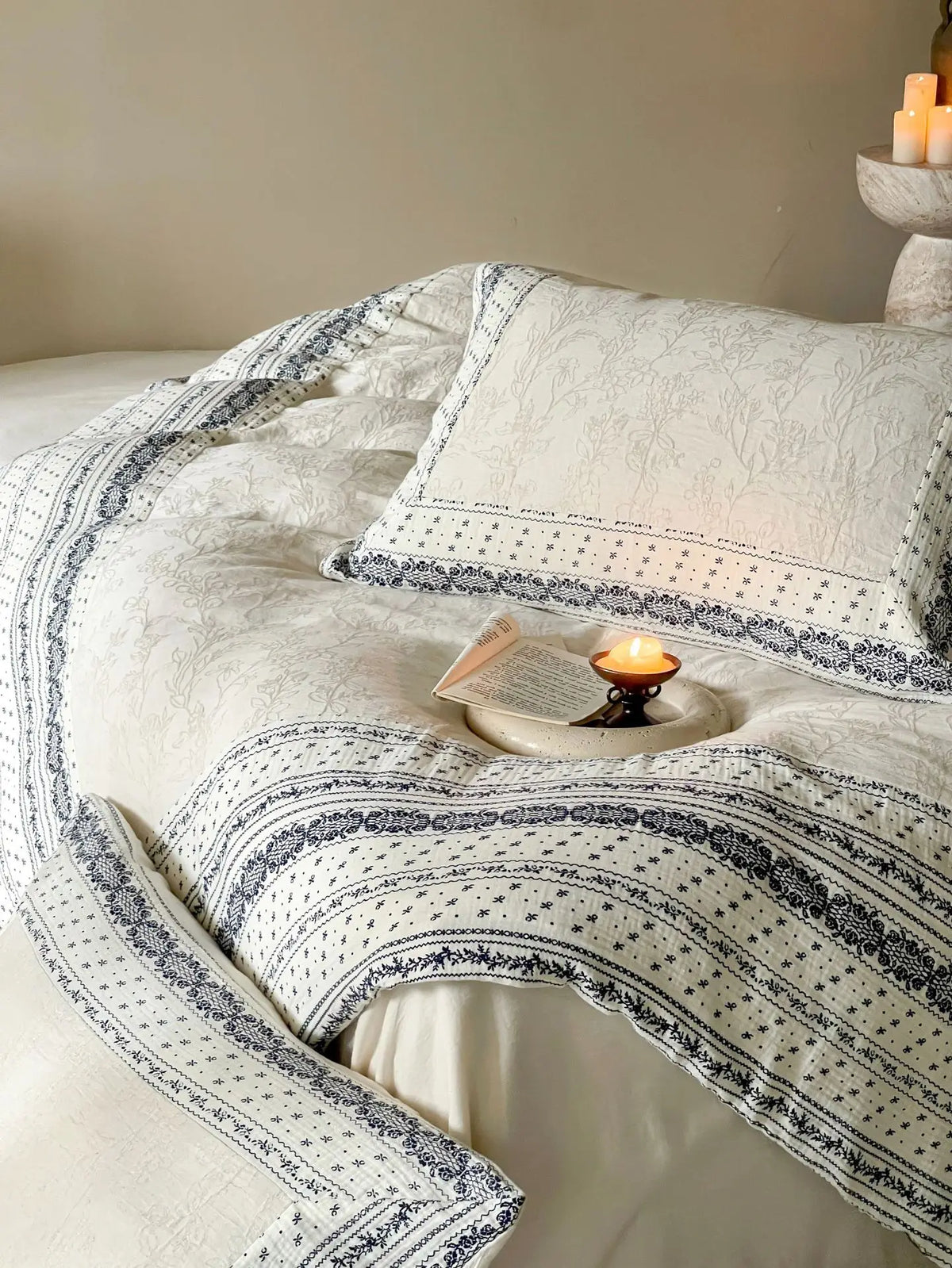 French Chateau Vintage Style Premium 4 Pc Cotton Linen Duvet Set - Cream