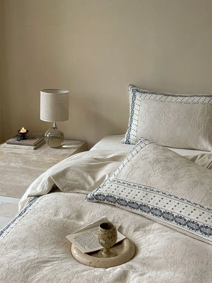 French Chateau Vintage Style Premium 4 Pc Cotton Linen Duvet Set - Cream