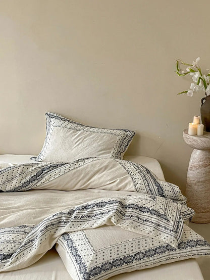 French Chateau Vintage Style Premium 4 Pc Cotton Linen Duvet Set - Cream
