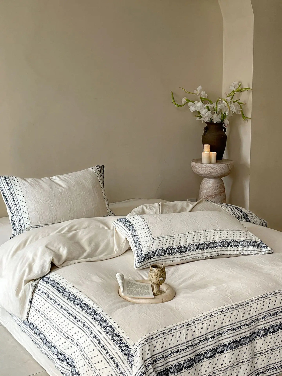 French Chateau Vintage Style Premium 4 Pc Cotton Linen Duvet Set - Cream