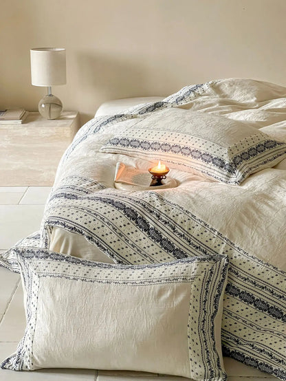 French Chateau Vintage Style Premium 4 Pc Cotton Linen Duvet Set - Cream