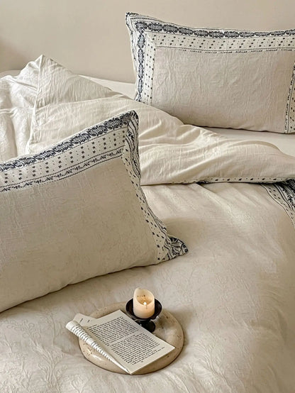 French Chateau Vintage Style Premium 4 Pc Cotton Linen Duvet Set - Cream