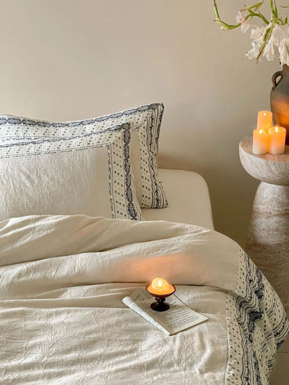 French Chateau Vintage Style Premium 4 Pc Cotton Linen Duvet Set - Cream