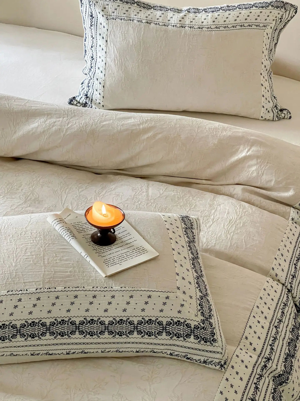 French Chateau Vintage Style Premium 4 Pc Cotton Linen Duvet Set - Cream
