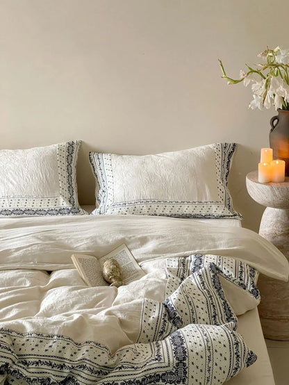 French Chateau Vintage Style Premium 4 Pc Cotton Linen Duvet Set - Cream