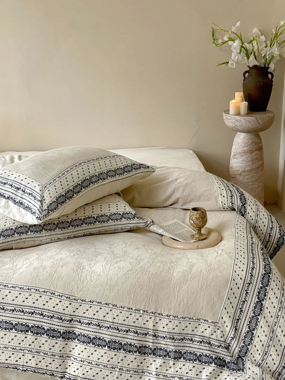 French Chateau Vintage Style Premium 4 Pc Cotton Linen Duvet Set - Cream