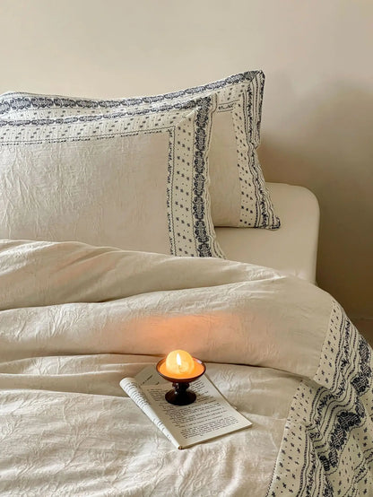 French Chateau Vintage Style Premium 4 Pc Cotton Linen Duvet Set - Cream