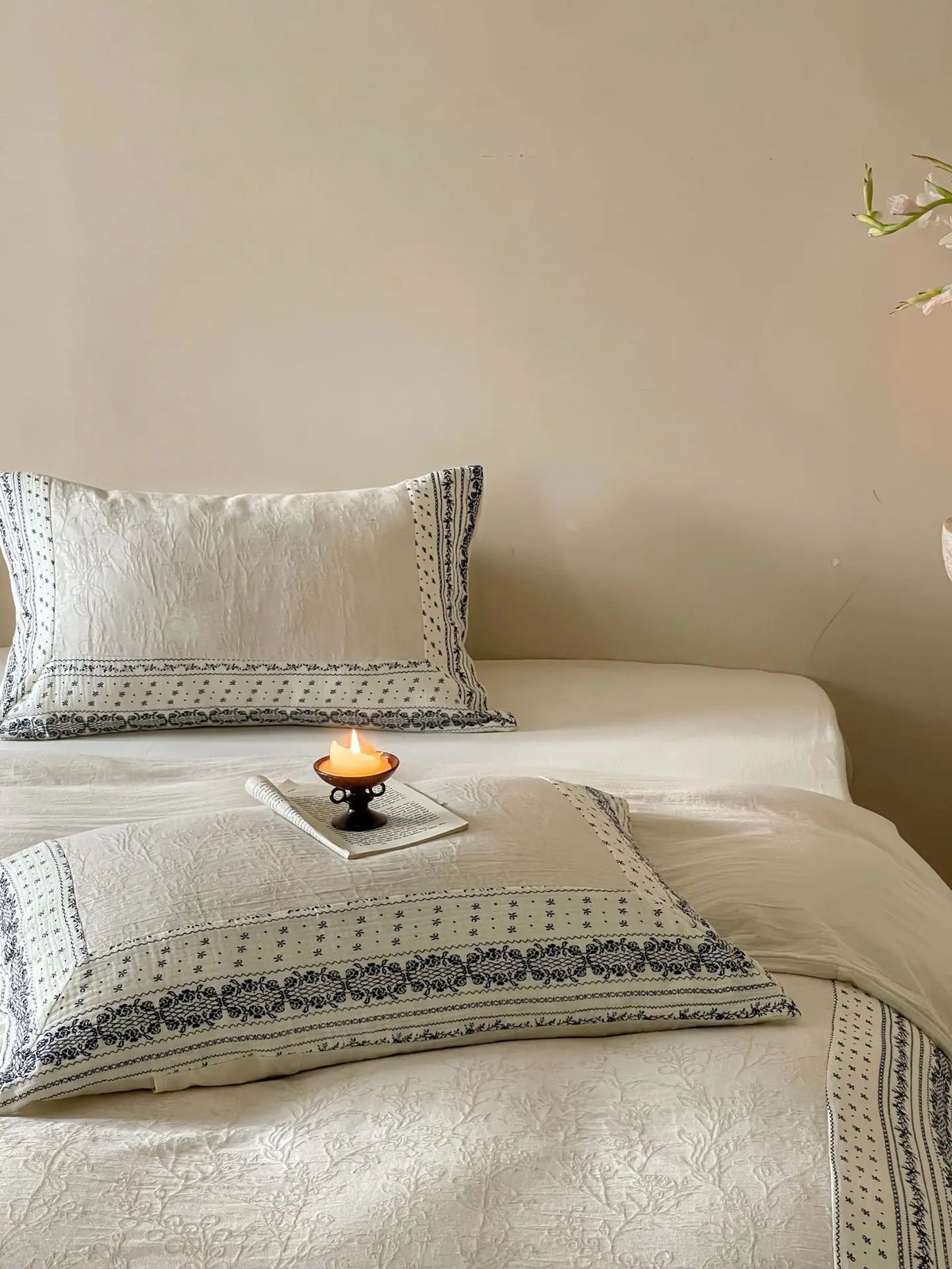 French Chateau Vintage Style Premium 4 Pc Cotton Linen Duvet Set - Cream