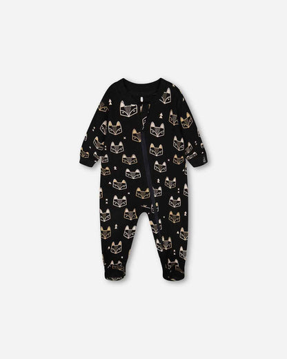 Organic Cotton One Piece Pajama Black Printed Fox
