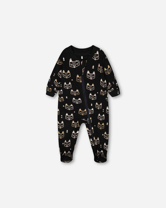 Organic Cotton One Piece Pajama Black Printed Fox