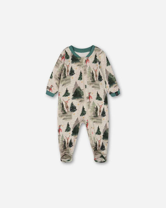 Organic Cotton One Piece Pajama Gray Mix Printed Reindeer