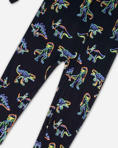 Organic Cotton One Piece Pajama Black Printed Neon Dino