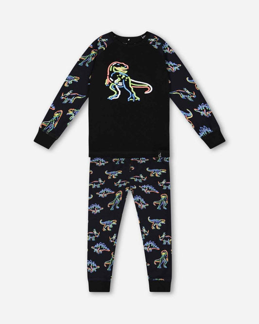 Organic Cotton Two Piece Pajama Set Black Printed Neon Dino