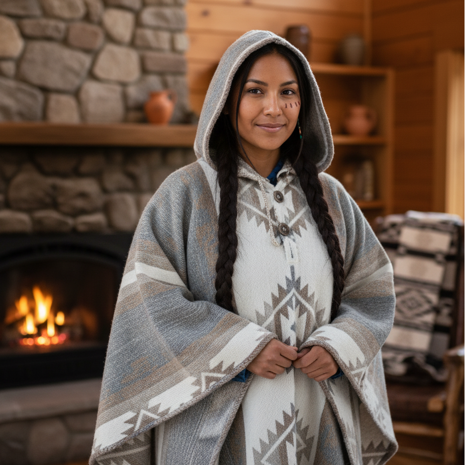 Grey and white AZTEC Wool Ponchos