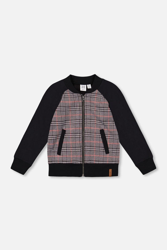 Bi-Material Zip Front Jacket Gray And Black Plaid