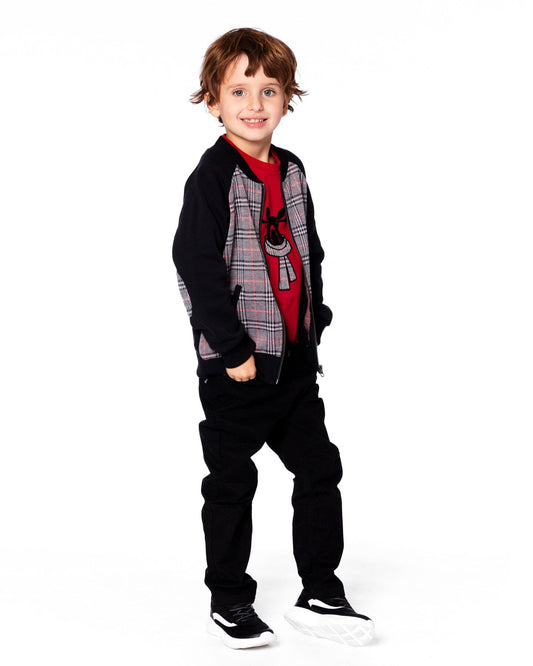 Bi-Material Zip Front Jacket Gray And Black Plaid