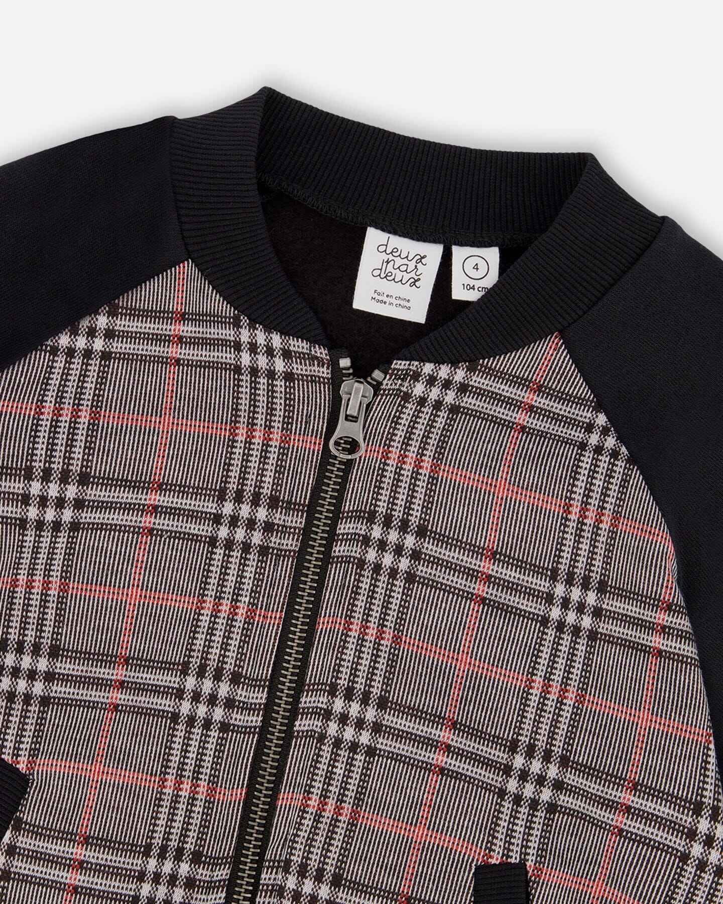 Bi-Material Zip Front Jacket Gray And Black Plaid