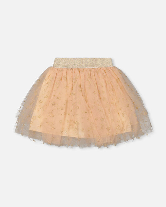 Multi Layer Glittering Mesh Skirt Beige