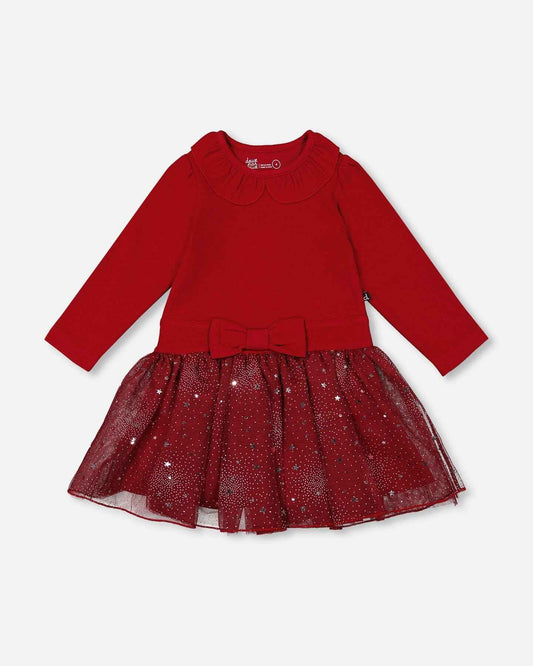 Bi-Material Dress With Glittering Skirt Red