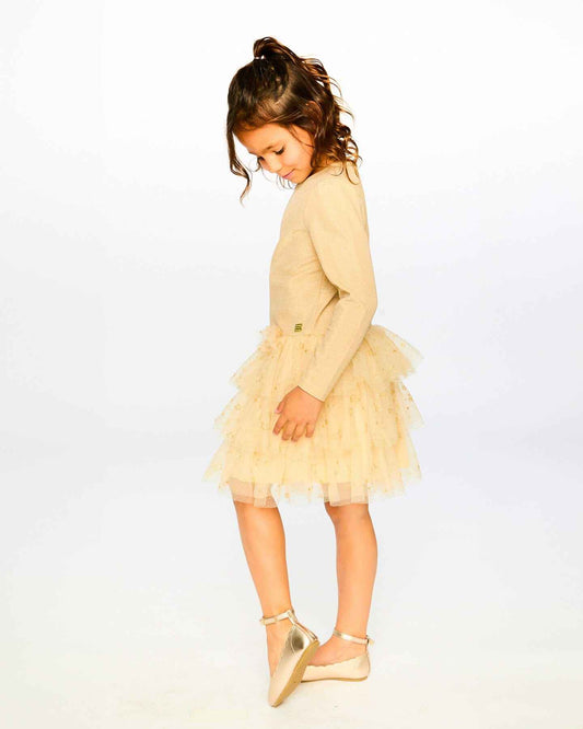 Glittering Mesh Skirt Party Dress Beige