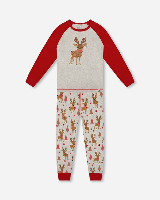 Organic Cotton Two-Piece Pajamas Beige Girly Reindeer Print