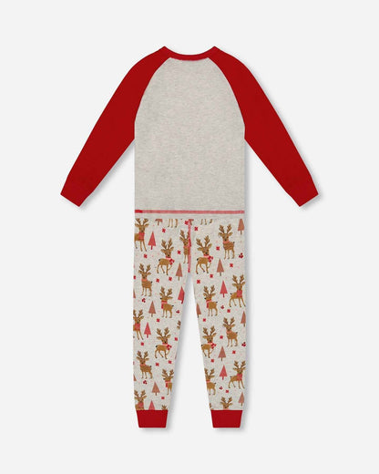 Organic Cotton Two-Piece Pajamas Beige Girly Reindeer Print