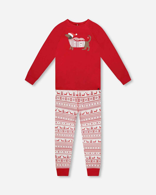 Adult Men Organic Cotton Two-Piece Pajama Set Red And White Fairisle