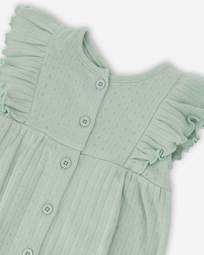 Cotton Pointelle Jersey Romper With Frills Green