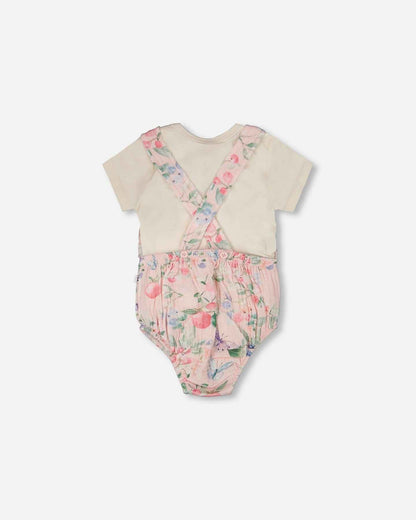 Organic Cotton Jersey Onesie And Muslin Overall Set White And Pink Printed Berries