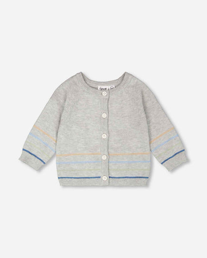 Cotton Knit Striped Button Front Cardigan Light Heather Grey
