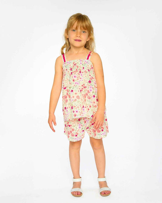 Tank Top With Smocking And Shorts Set In Muslin Off White Printed Flowers